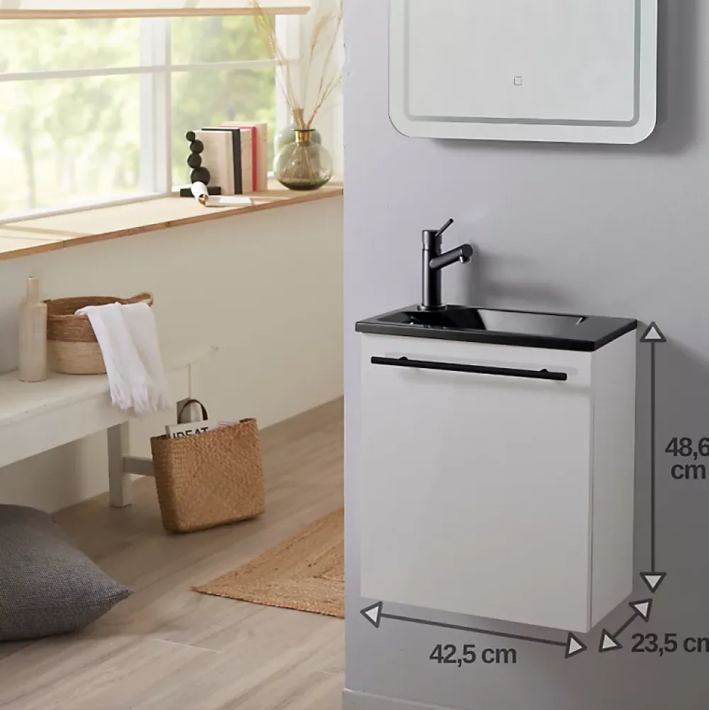 Lave-Mains|Planète Bain Meuble pour wc blanc avec lave mains design noir et mitigeur noir