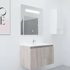 Cuisibane Meuble PROLINE 80 cm avec plan vasque et miroir Elégance ht80- Bois- Plan vasque en Céramique