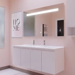 Cuisibane Meuble PROLINE 140 cm avec plan double vasque et miroir Elégance ht80- Blanc - vasque en résine