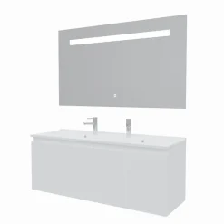 Cuisibane Meuble PROLINE 140 cm avec plan double vasque et miroir Elégance ht80- Blanc - vasque en résine
