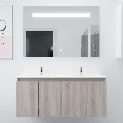 Cuisibane Meuble PROLINE 120 cm avec plan double vasque et miroir Elégance ht80- Bois- Plan vasque en Céramique