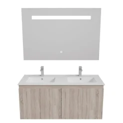 Cuisibane Meuble PROLINE 120 cm avec plan double vasque et miroir Elégance ht80- Bois- Plan vasque en Céramique