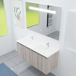 Cuisibane Meuble PROLINE 120 cm avec plan double vasque et miroir Elégance ht80- Bois- Plan vasque en Céramique