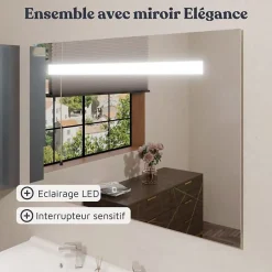 Cuisibane Meuble PROLINE 120 cm avec plan double vasque et miroir Elégance ht80- Bois- Plan vasque en Céramique
