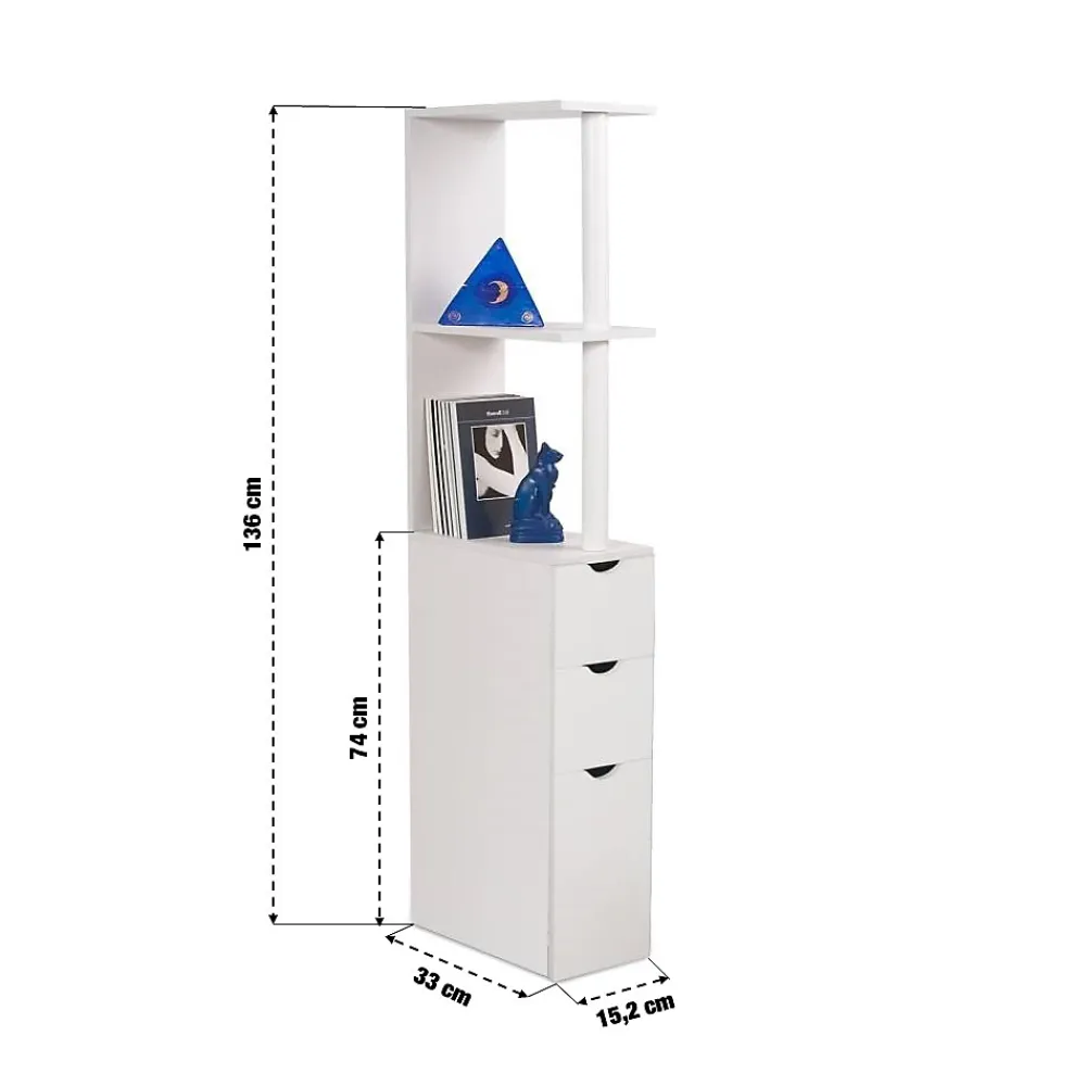 Meuble Wc|Facility'S Meuble rangement WC/salle de bains étroit 15,2 cm, colonne blanche bois mélaminé 136 cm - 3 étagères + placard + 2 tiroirs