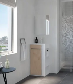 Ondee Meuble rectangle tout en un compact H.84 x l.44 cm, blanc mat, porte décor bois, Nova