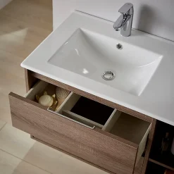 Ensemble Meuble De Salle De Bains|Planète Bain Meuble salle de bain - 80 cm - Plan décentré - Effet chêne foncé britannia - A suspendre - miroir et éclairage inclus - Venus