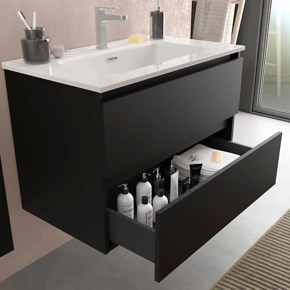Planète Bain Meuble salle de bain - 80 cm - Avec plan vasque - Noir mat - A suspendre - KARAIB