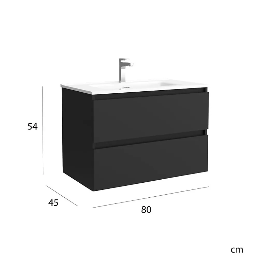 Planète Bain Meuble salle de bain - 80 cm - Avec plan vasque - Noir mat - A suspendre - KARAIB