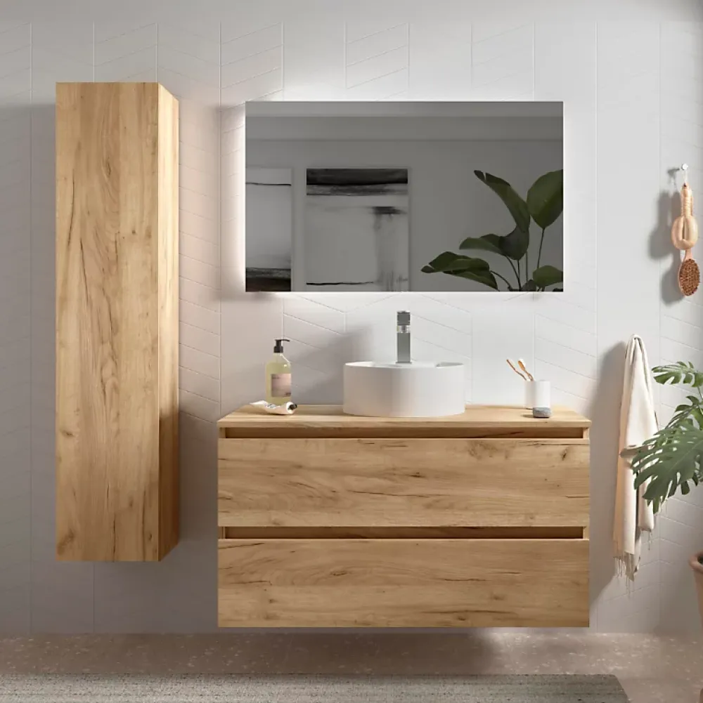 Meuble Vasque|Planète Bain Meuble salle de bain - 100 cm - avec vasque à poser - effet chêne brut - A suspendre - KARAIB