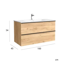 Meuble Vasque|Planète Bain Meuble salle de bain - 100 CM - avec plan vasque - Effet chêne brut - poignées noires - A suspendre - ARUBA