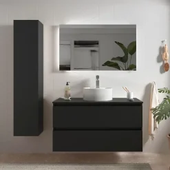 Meuble Vasque|Planète Bain Meuble salle de bain - 100 cm - avec vasque à poser - Noir mat - A suspendre - KARAIB