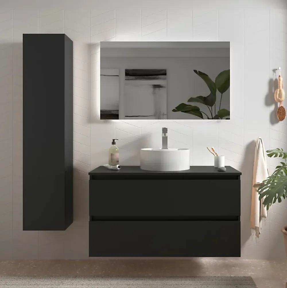 Meuble Vasque|Planète Bain Meuble salle de bain - 100 cm - avec vasque à poser - Noir mat - A suspendre - KARAIB
