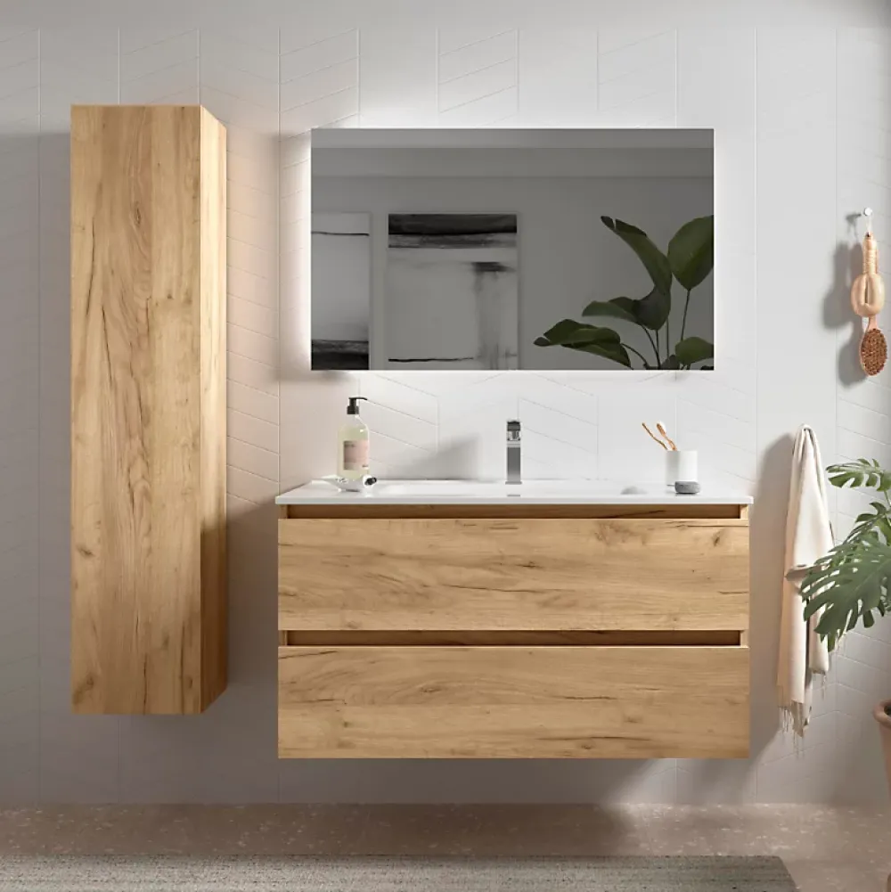 Meuble Vasque|Planète Bain Meuble salle de bain - 100 cm - avec plan vasque - Effet chêne brut - A suspendre - KARAIB