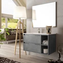 Ensemble Meuble De Salle De Bains|Planète Bain Meuble salle de bain - 80 cm - Plan décentré - Effet ciment - A suspendre - miroir et éclairage inclus - Venus
