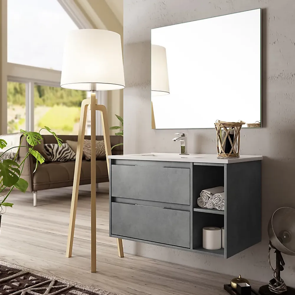 Ensemble Meuble De Salle De Bains|Planète Bain Meuble salle de bain - 80 cm - Plan décentré - Effet ciment - A suspendre - miroir et éclairage inclus - Venus