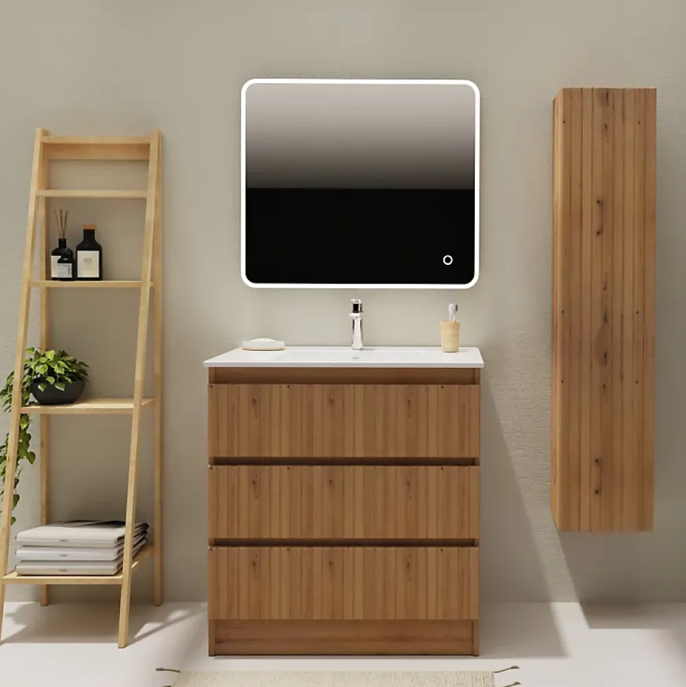 Planète Bain Meuble salle de bain 80 cm A poser - Plan vasque céramique - Effet bois strié - Karaib 2