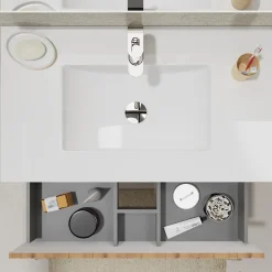 Planète Bain Meuble salle de bain 80 cm A poser - Plan vasque céramique - Effet bois strié - Karaib 2