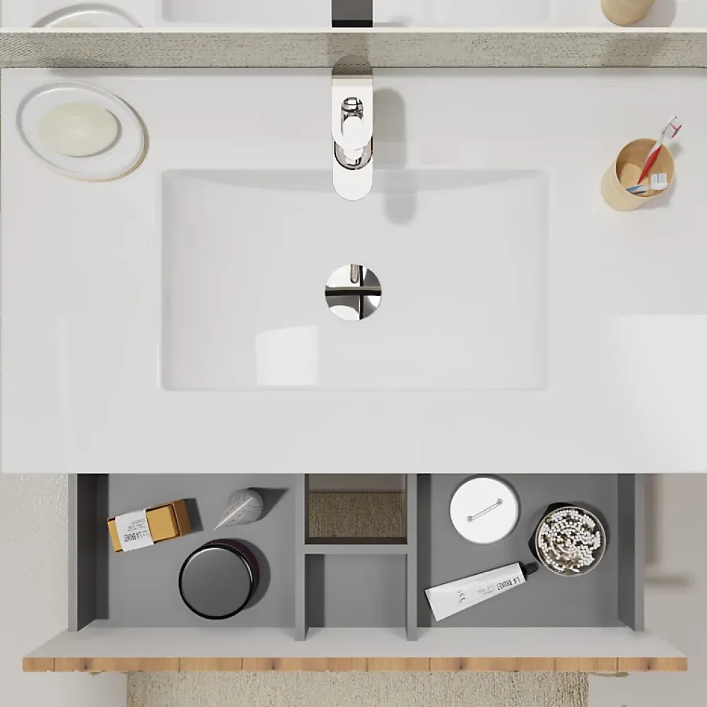 Planète Bain Meuble salle de bain 80 cm A poser - Plan vasque céramique - Effet bois strié - Karaib 2