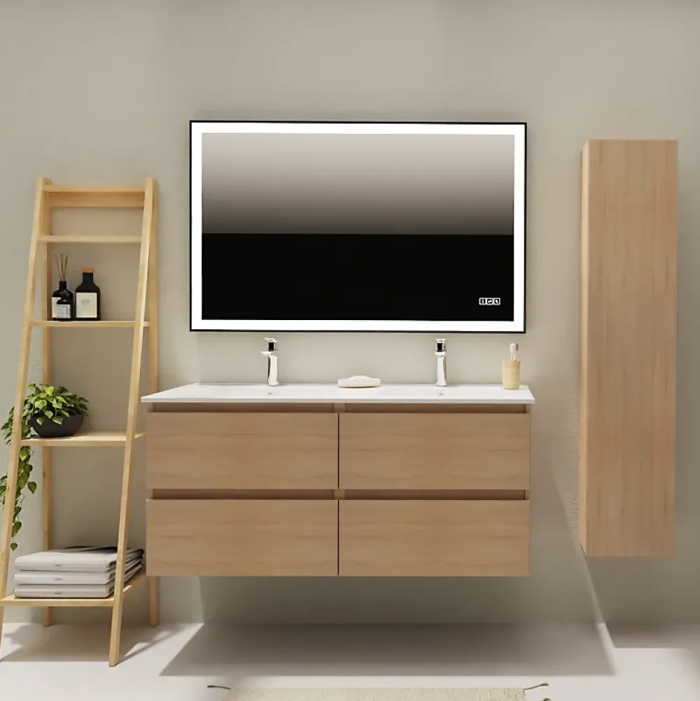 Meuble Vasque|Planète Bain Meuble salle de bain 120 cm - Double vasque céramique - Effet chêne sonoma - A suspendre - Karaib 2