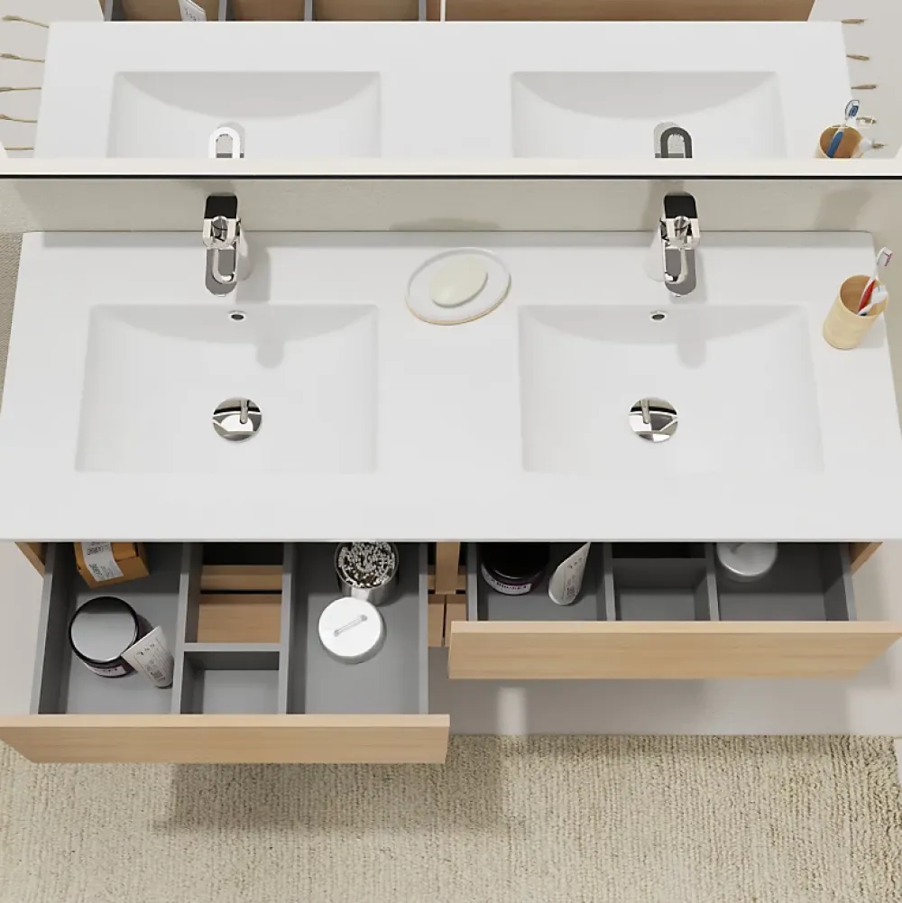 Meuble Vasque|Planète Bain Meuble salle de bain 120 cm - Double vasque céramique - Effet chêne sonoma - A suspendre - Karaib 2