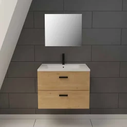 Aurlane Meuble salle de bain 60 cm suspendu 2 tiroirs finition Bois avec vasque et miroir - BOX-IN 60 WOOD