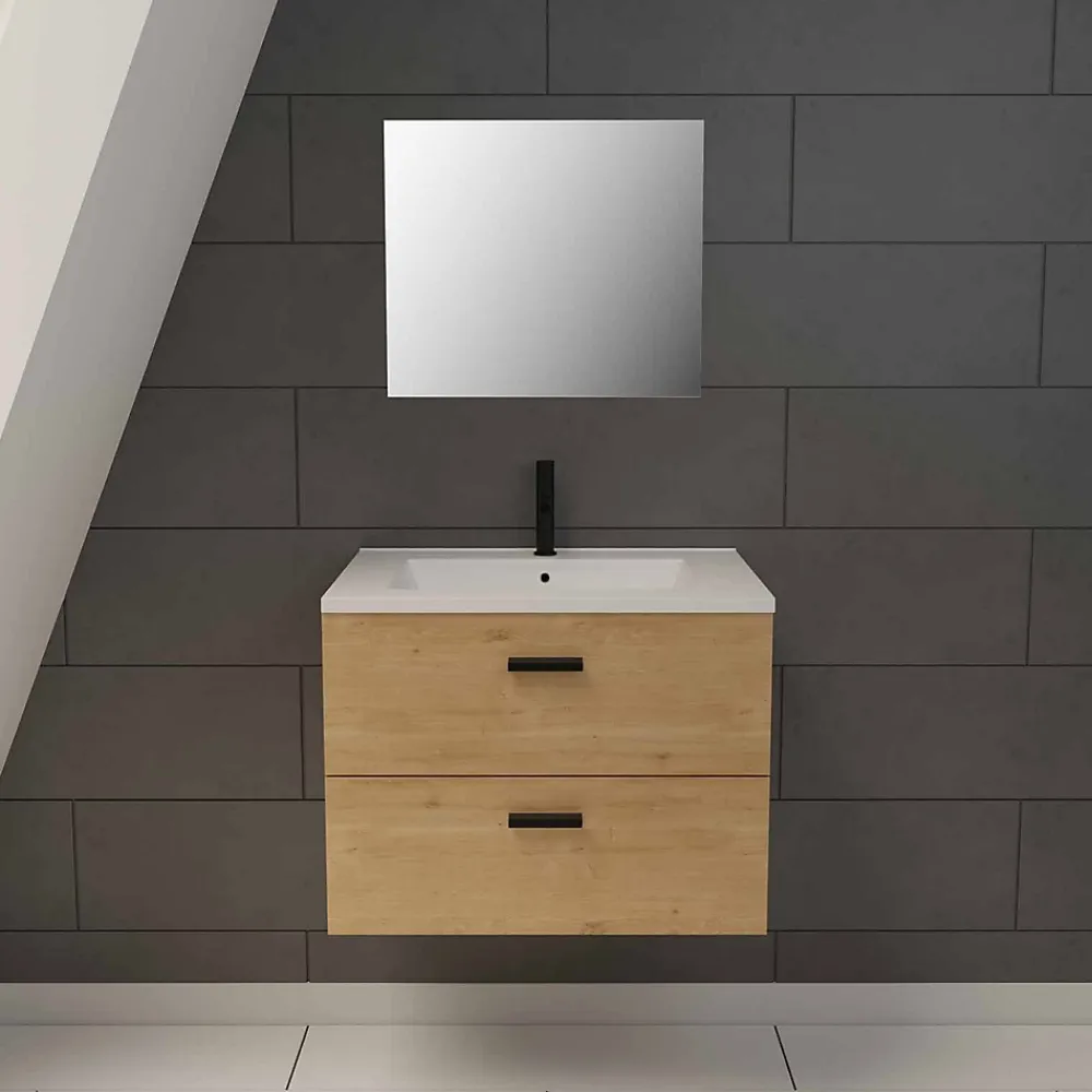 Aurlane Meuble salle de bain 60 cm suspendu 2 tiroirs finition Bois avec vasque et miroir - BOX-IN 60 WOOD