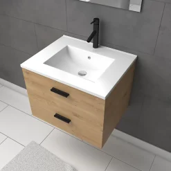 Aurlane Meuble salle de bain 60 cm suspendu 2 tiroirs finition Bois avec vasque et miroir - BOX-IN 60 WOOD