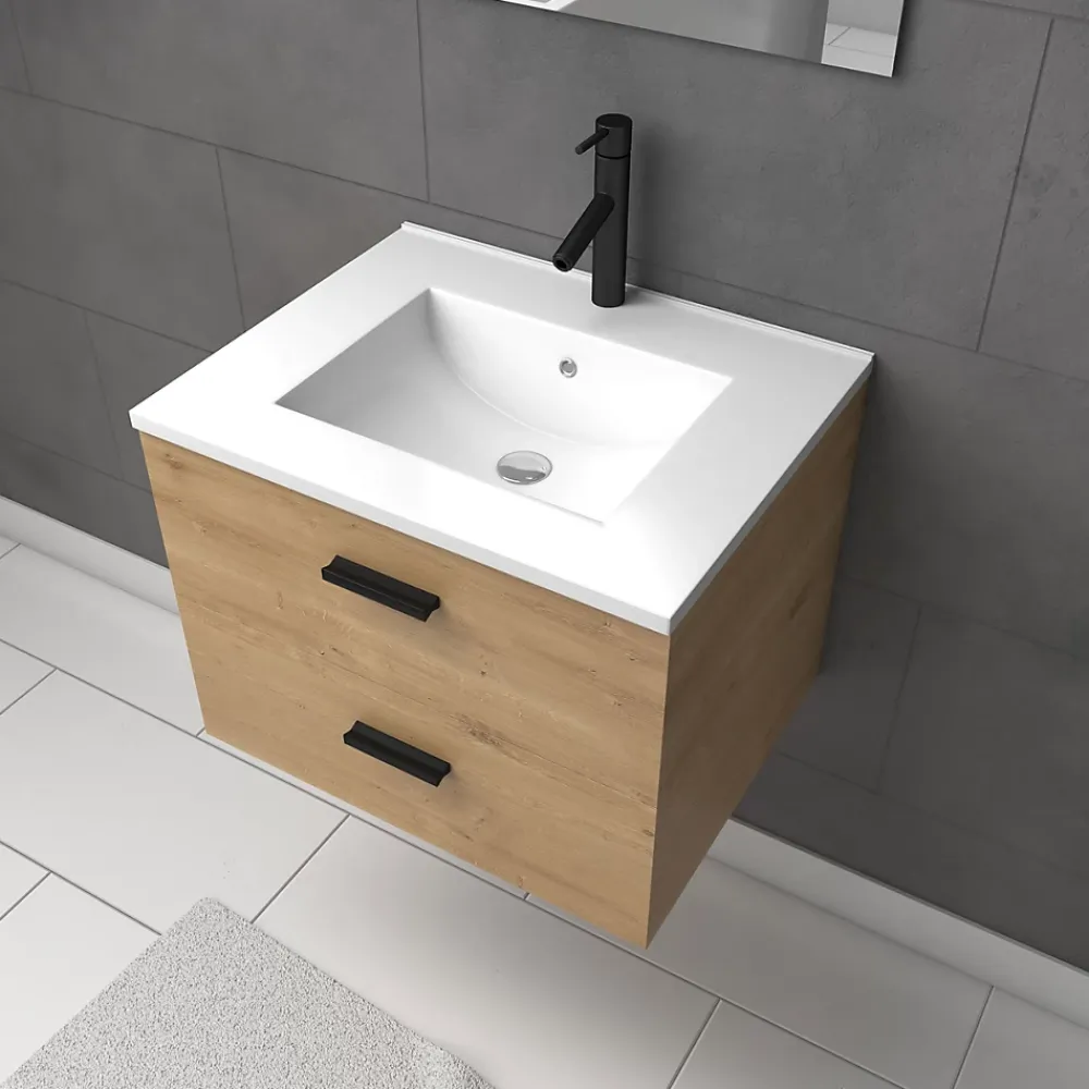 Aurlane Meuble salle de bain 60 cm suspendu 2 tiroirs finition Bois avec vasque et miroir - BOX-IN 60 WOOD