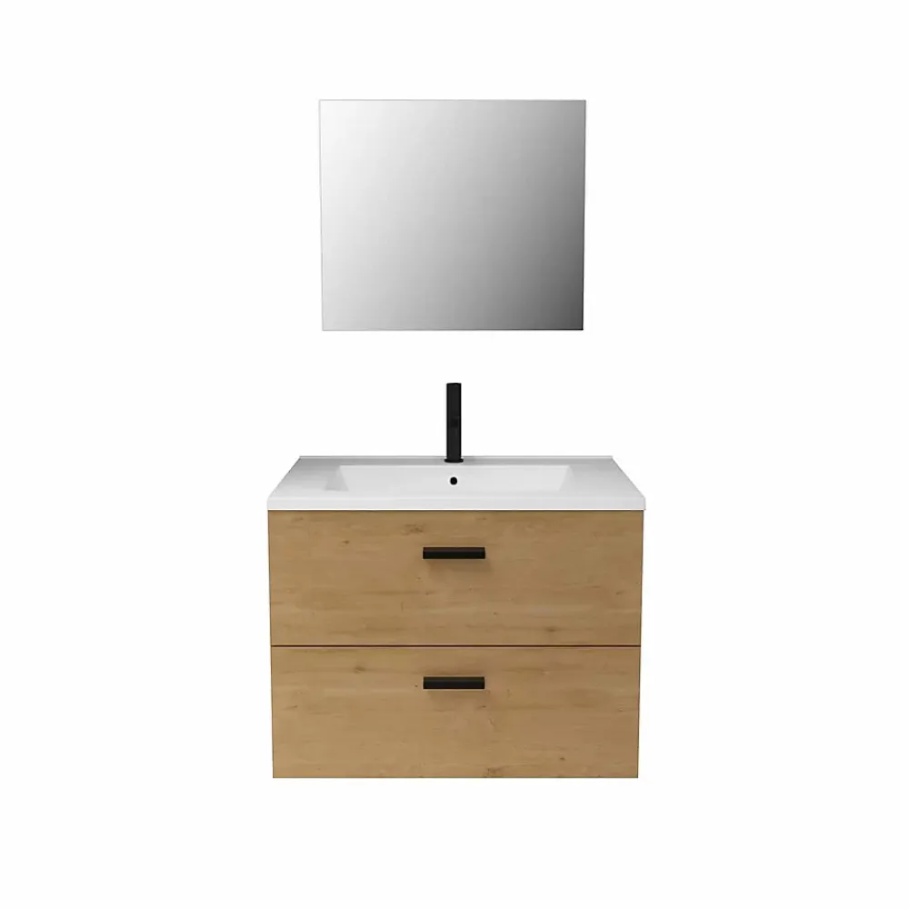 Aurlane Meuble salle de bain 60 cm suspendu 2 tiroirs finition Bois avec vasque et miroir - BOX-IN 60 WOOD