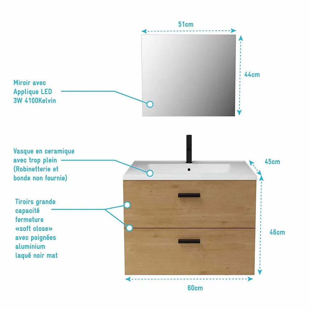 Aurlane Meuble salle de bain 60 cm suspendu 2 tiroirs finition Bois avec vasque et miroir - BOX-IN 60 WOOD