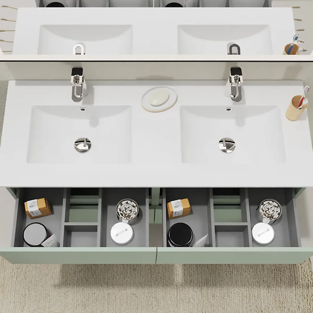 Planète Bain Meuble salle de bain 120 cm - Double vasque céramique - Vert mat - A suspendre - Karaib 2