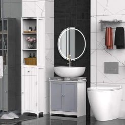 Meuble Sous-Vasque|kleankin Meuble salle de bain - meuble sous-vasque - placard 2 portes avec étagère - dim. 60L x 30l x 60H cm - MDF gris blanc