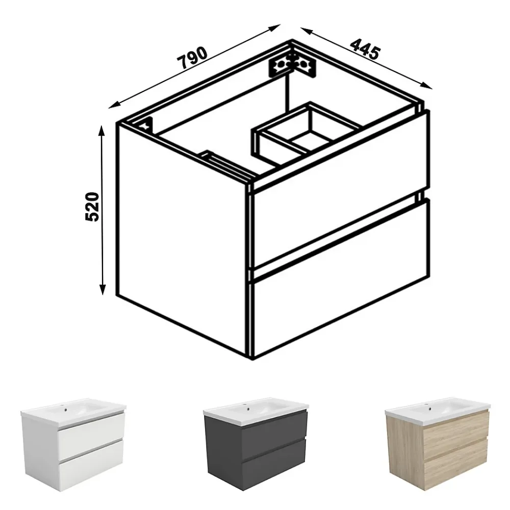 AICA Sanitaire Meuble salle de bain 2 tiroirs avec lavabo et miroir encadré-Chêne l.80 x W.44.5 x H.52 cm