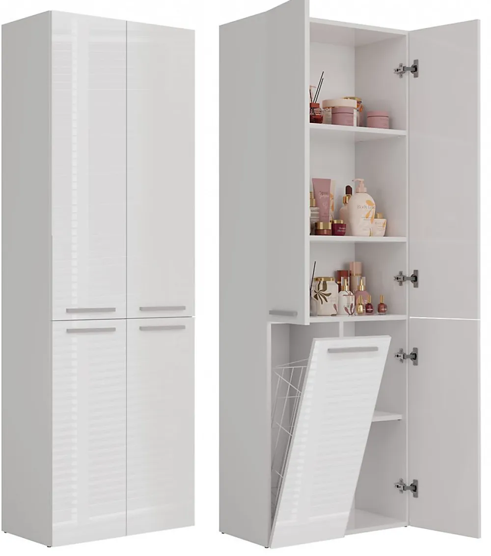 3xE Living Meuble salle de bain, 174 x 30 x 60 cm, blanc mat, blanc brillant