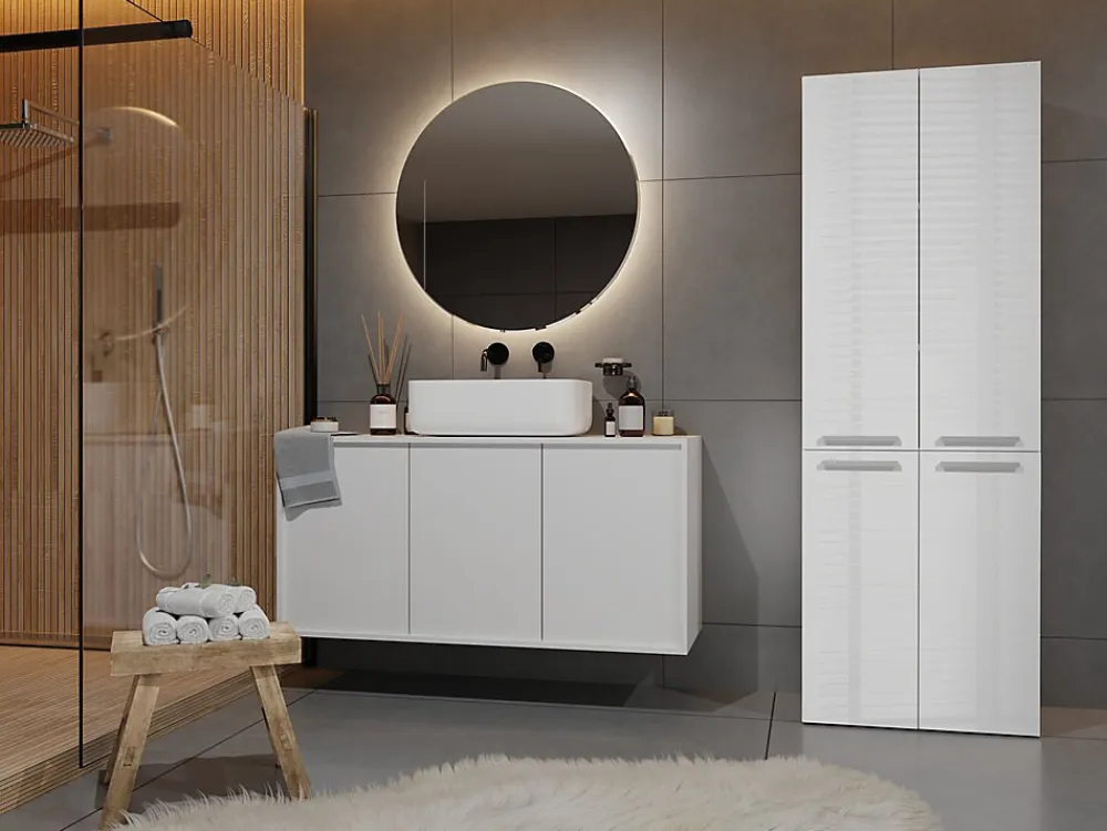 3xE Living Meuble salle de bain, 174 x 30 x 60 cm, blanc mat, blanc brillant