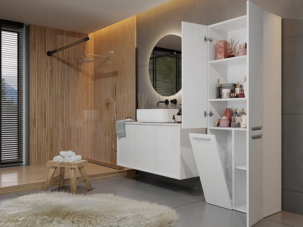 Armoire De Salle De Bains|3xE Living Meuble salle de bain, 174 x 30 x 60 cm, blanc mat