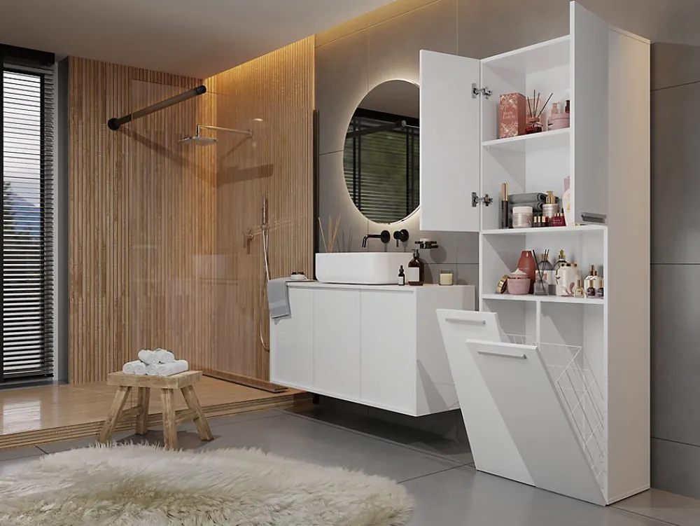 Armoire De Salle De Bains|3xE Living Meuble salle de bain, 174 x 30 x 60 cm, blanc mat
