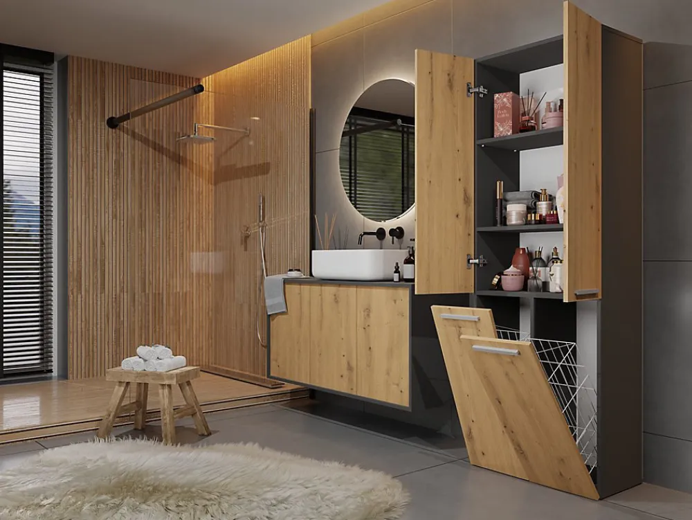 3xE Living Meuble salle de bain, 174 x 30 x 60 cm, antracite, chêne artisan