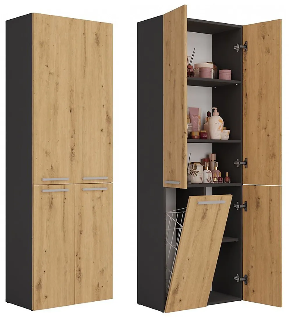 Armoire De Salle De Bains|3xE Living Meuble salle de bain, 174 x 30 x 60 cm, antracite, chêne artisan