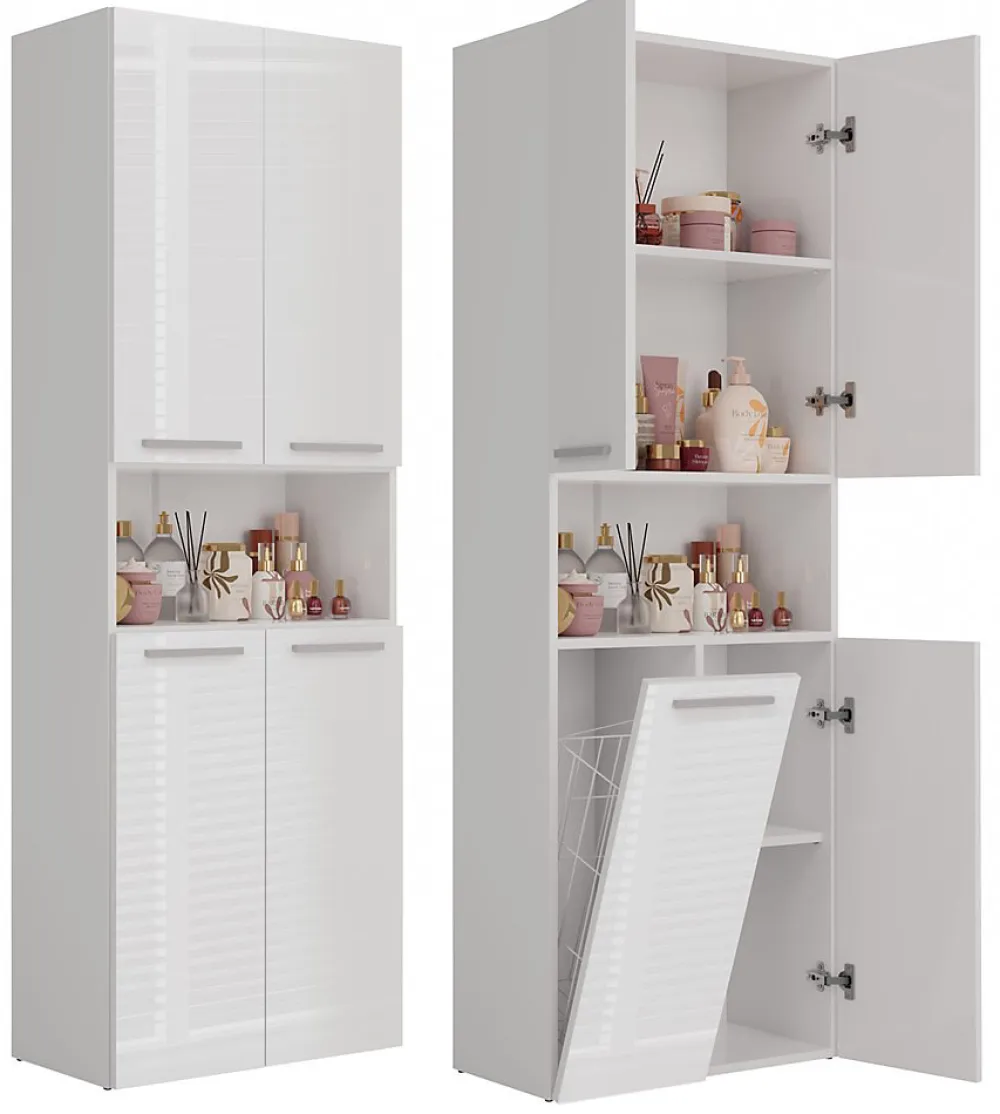 3xE Living Meuble salle de bain, 174 x 30 x 60 cm, blanc mat, blanc brillant
