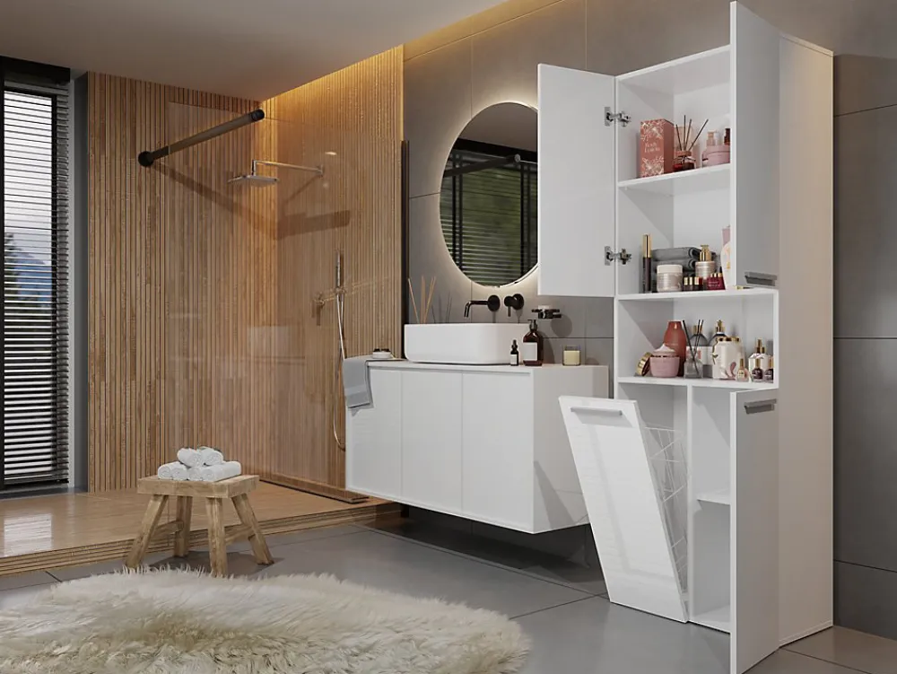 3xE Living Meuble salle de bain, 174 x 30 x 60 cm, blanc mat, blanc brillant