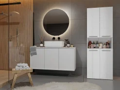 3xE Living Meuble salle de bain, 174 x 30 x 60 cm, blanc mat, blanc brillant