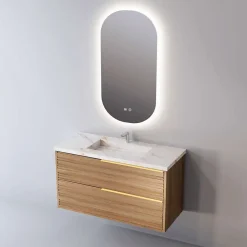 Sanizéo Meuble Salle de Bain BAMBOO 81 cm x H54 x P45 cm, Plan Vasque Grès Cérame BS, 2 Tiroirs Poignée Or, Chêne Naturel