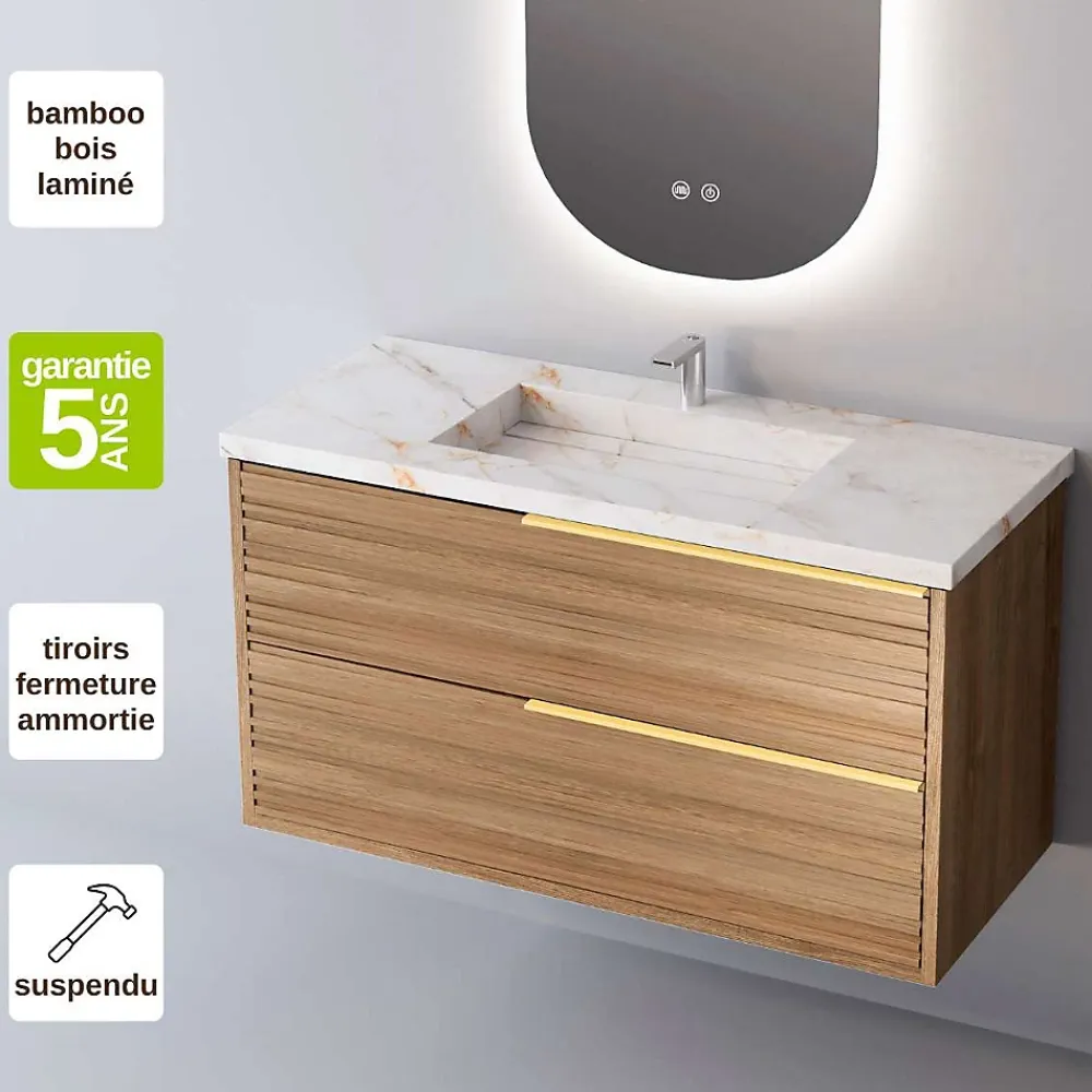 Sanizéo Meuble Salle de Bain BAMBOO 81 cm x H54 x P45 cm, Plan Vasque Grès Cérame BS, 2 Tiroirs Poignée Or, Chêne Naturel