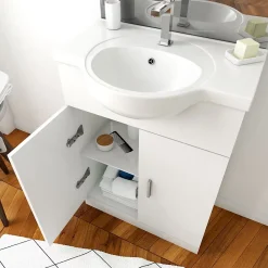 Ensemble Meuble De Salle De Bains|Aurlane Meuble salle de bain blanc 60 cm sur pied + vasque ceramique blanche + miroir applique led