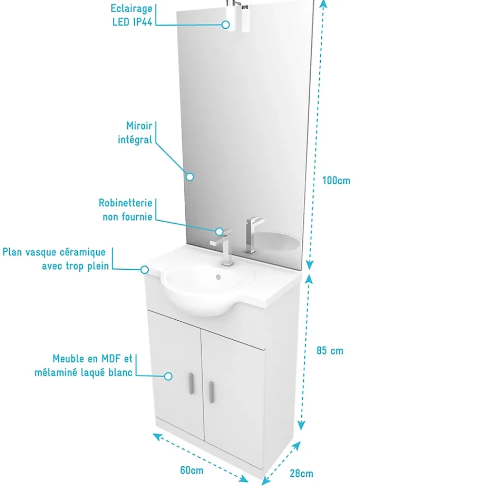 Ensemble Meuble De Salle De Bains|Aurlane Meuble salle de bain blanc 60 cm sur pied + vasque ceramique blanche + miroir applique led