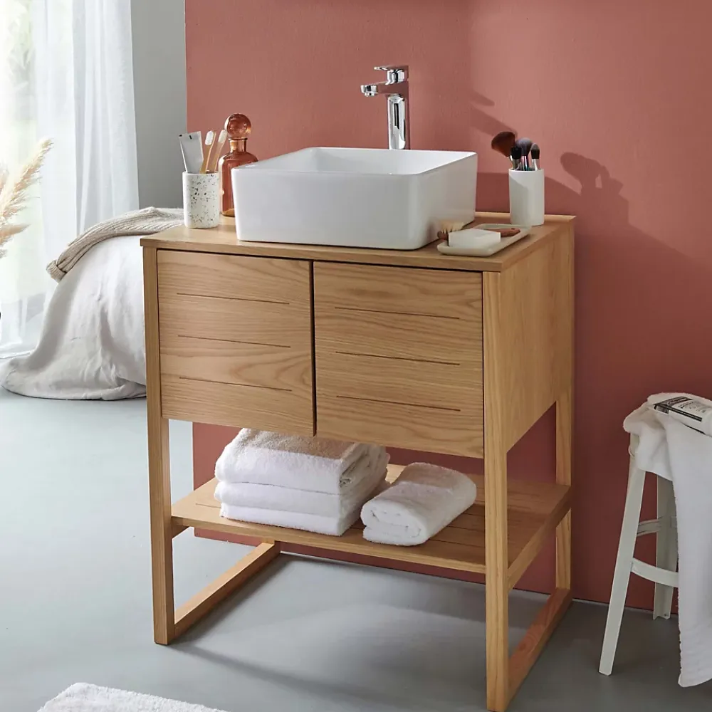 Mob-In Meuble salle de bain Chêne 70 cm ATOLL + Vasque carrée 36 cm