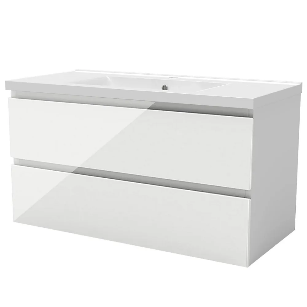 AICA Sanitaire Meuble salle de bain 100cm blanc brillant avec 2 tiroirs à fermeture automatique et simple lavabo céramique