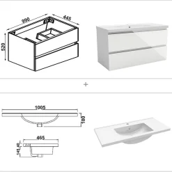 AICA Sanitaire Meuble salle de bain 100cm blanc brillant avec 2 tiroirs à fermeture automatique et simple lavabo céramique